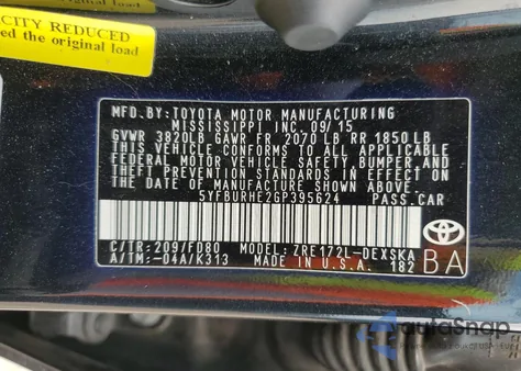 2016 Toyota Corolla L из США, поврежденный, VIN 5YFBURHE2GP395624